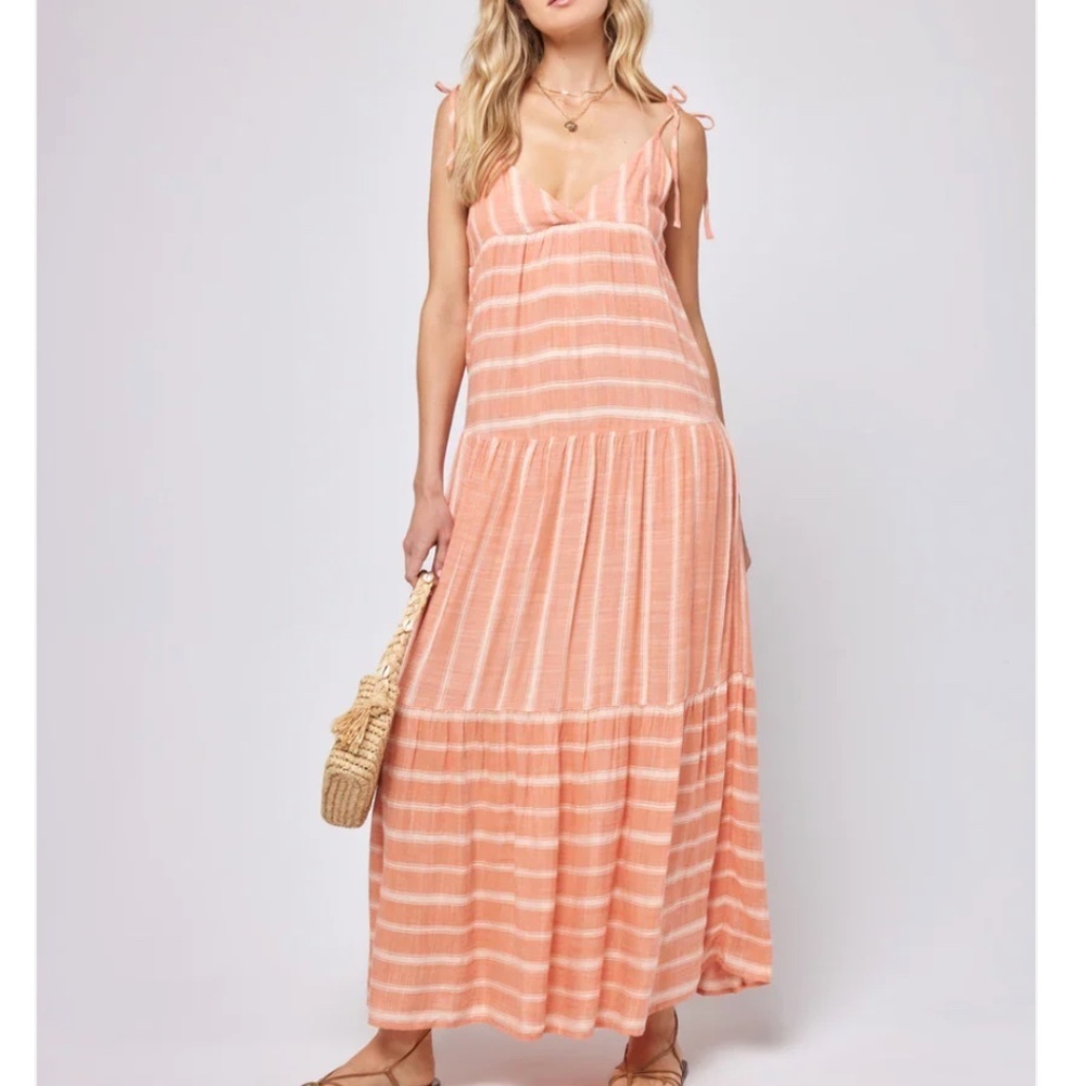 L*SPACE Ava Orange Adjustable Strap Tiered Maxi Dress Size Small